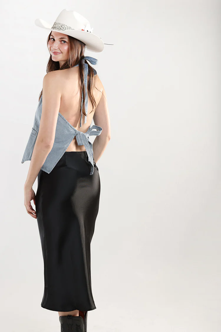 Bias Cut Satin Midi Skirt - Black - Image 3