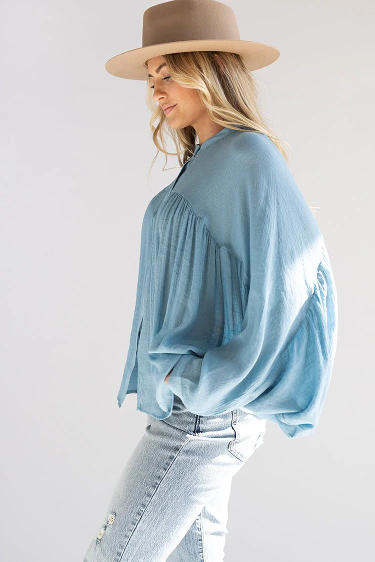 Blue Button-Up Batwing Top - Image 5