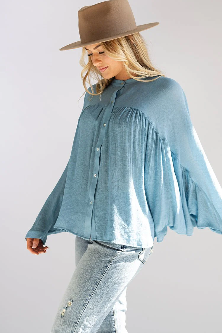 Blue Button-Up Batwing Top - Image 7