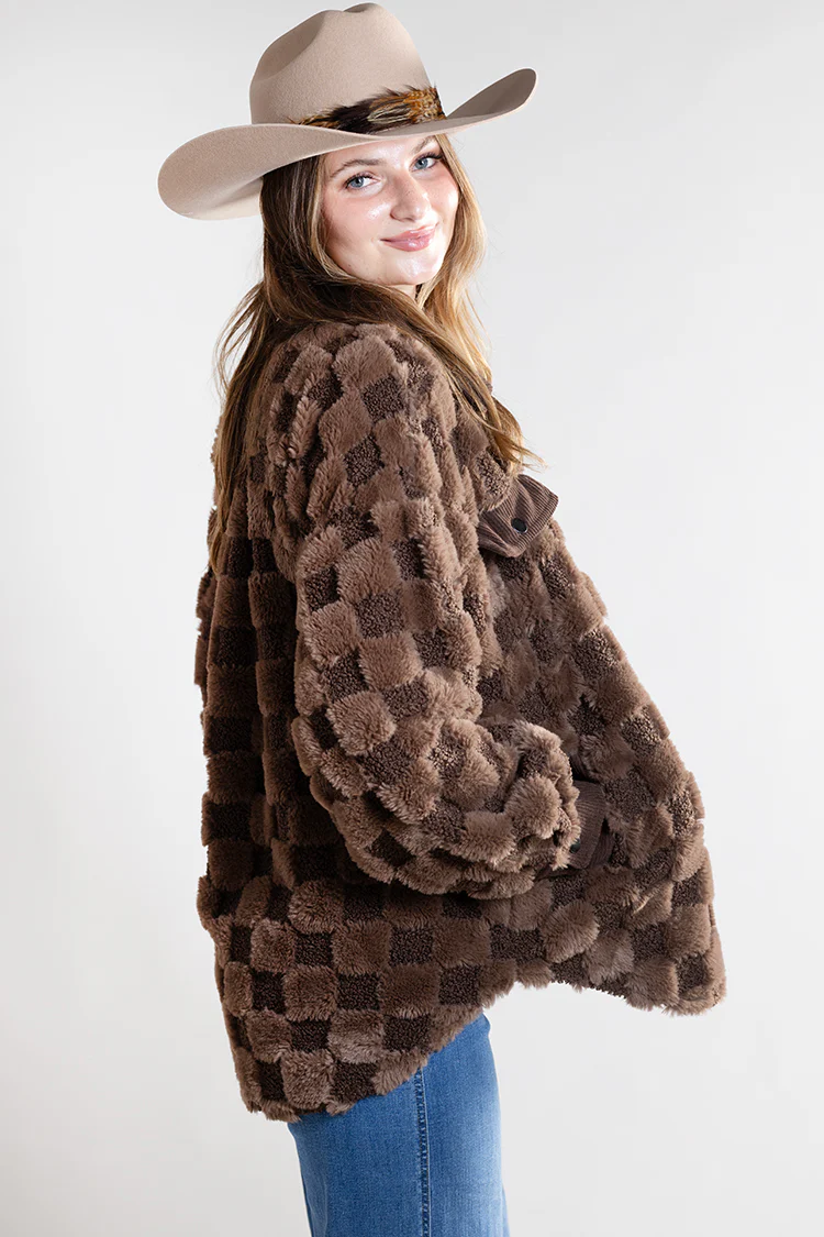 Checkered Faux Shearling Shacket - Brown