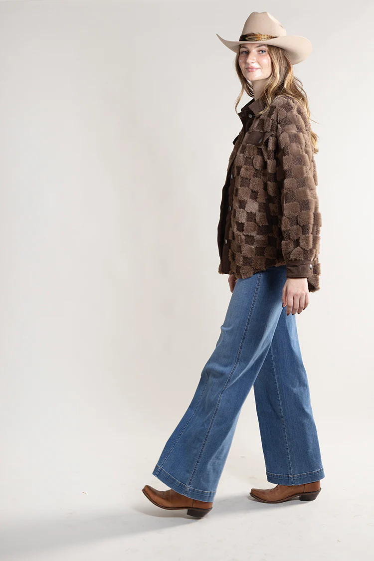 Checkered Faux Shearling Shacket - Brown - Image 10