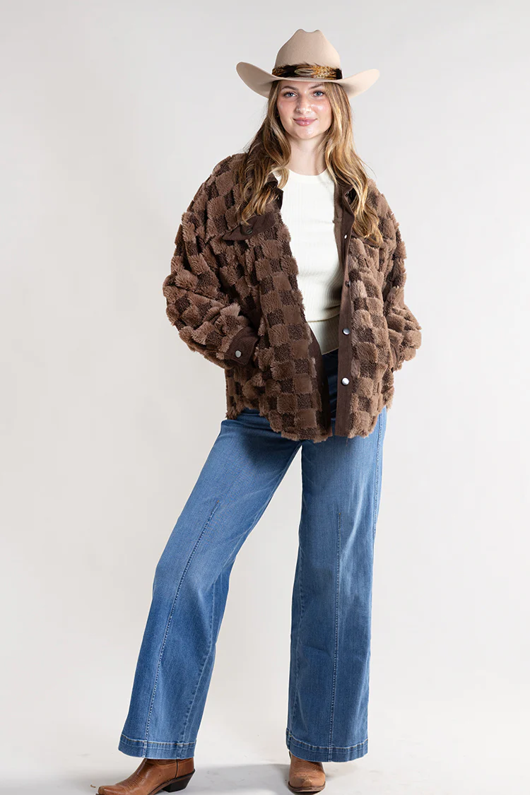 Checkered Faux Shearling Shacket - Brown - Image 2