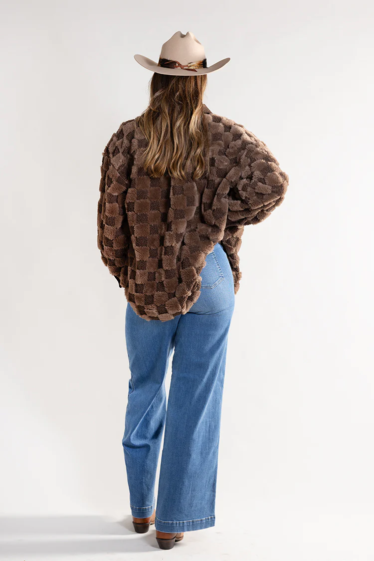 Checkered Faux Shearling Shacket - Brown - Image 3