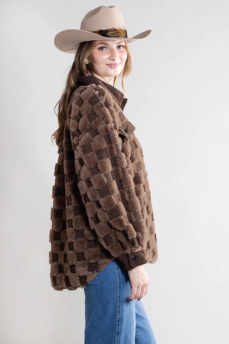 Checkered Faux Shearling Shacket - Brown - Image 4