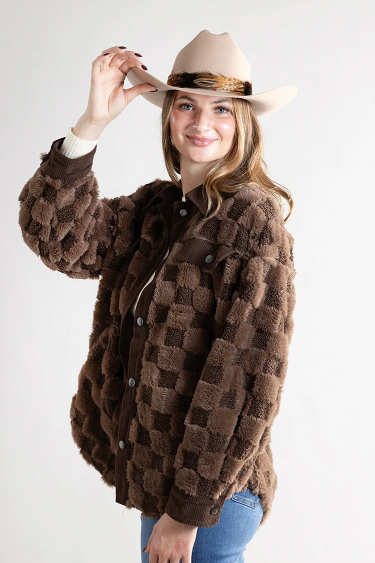 Checkered Faux Shearling Shacket - Brown - Image 5