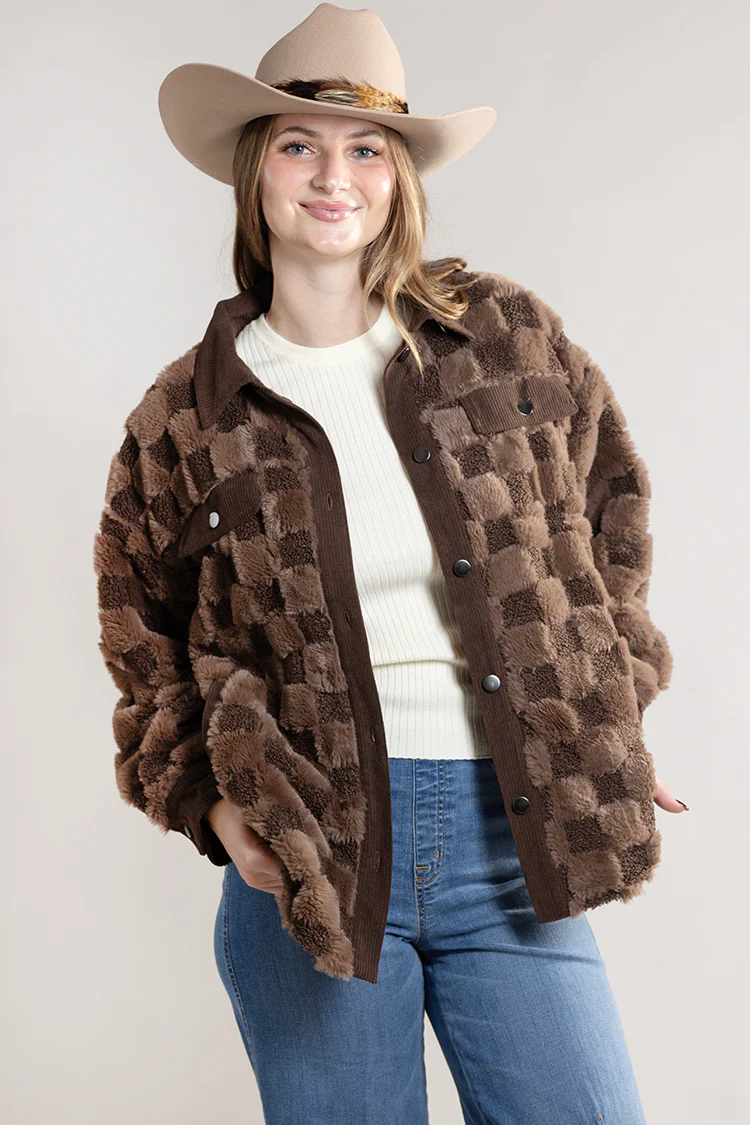 Checkered Faux Shearling Shacket - Brown - Image 6