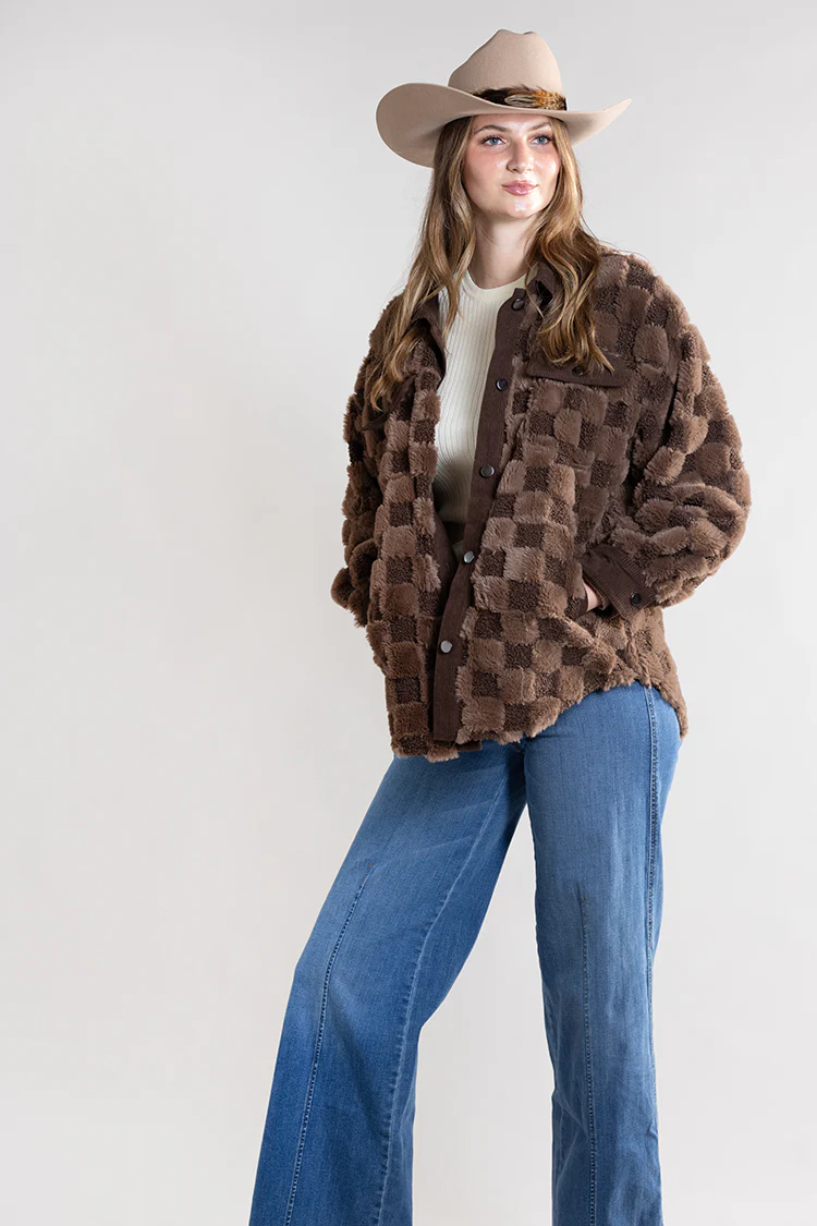 Checkered Faux Shearling Shacket - Brown - Image 7