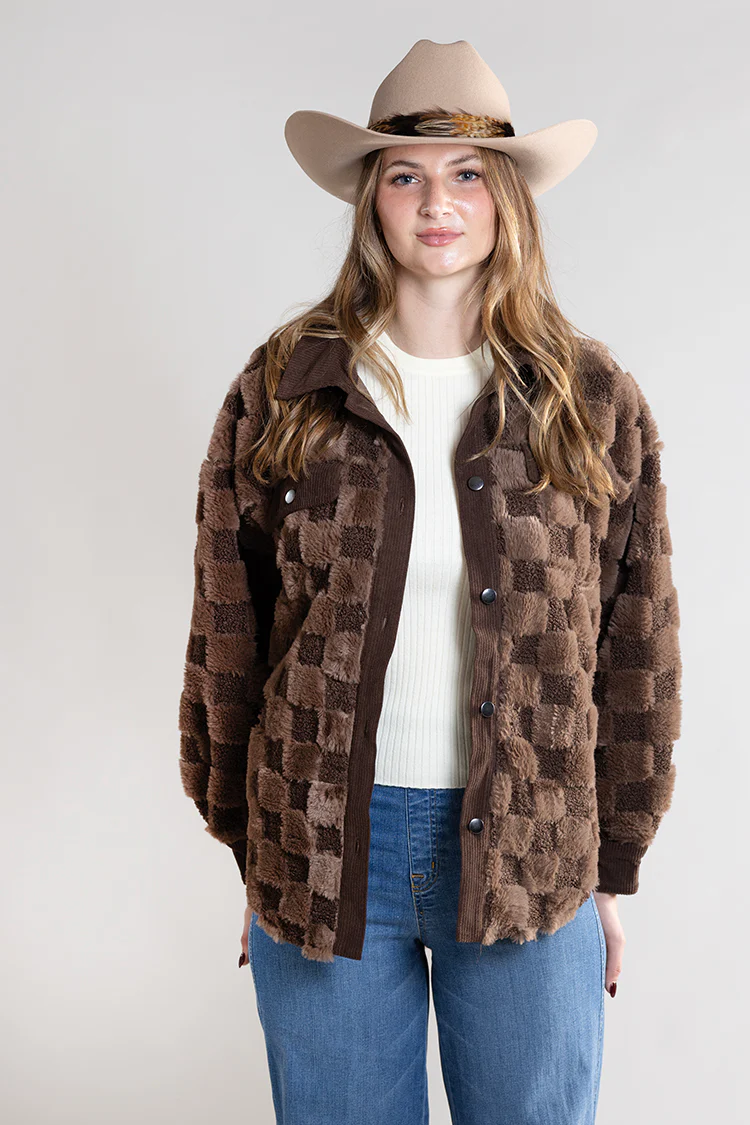 Checkered Faux Shearling Shacket - Brown - Image 8