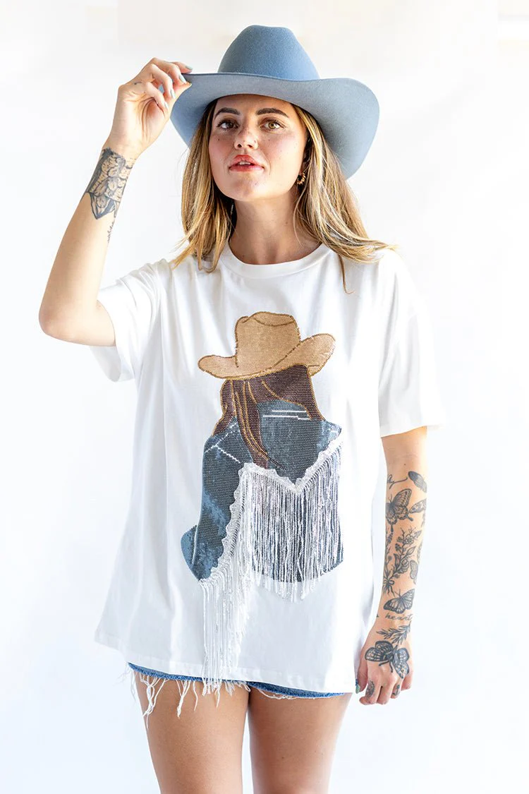 Cowgirl with Brunette Hair Bling Top - Image 3