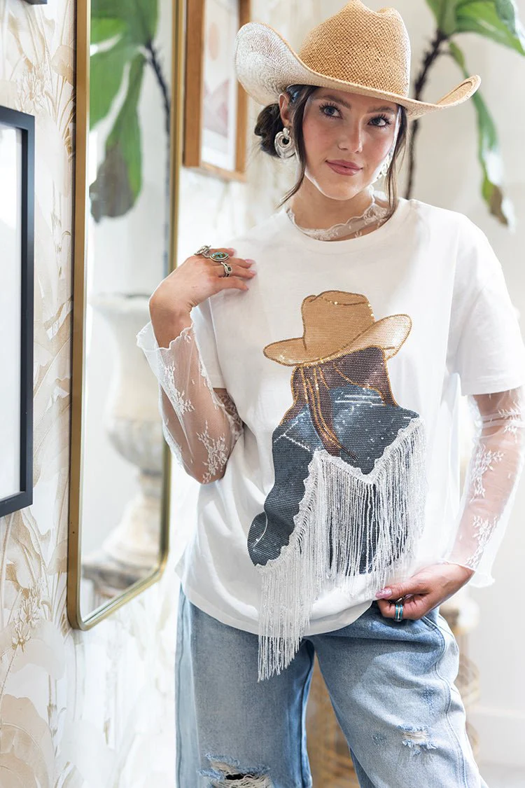 Cowgirl with Brunette Hair Bling Top - Image 4