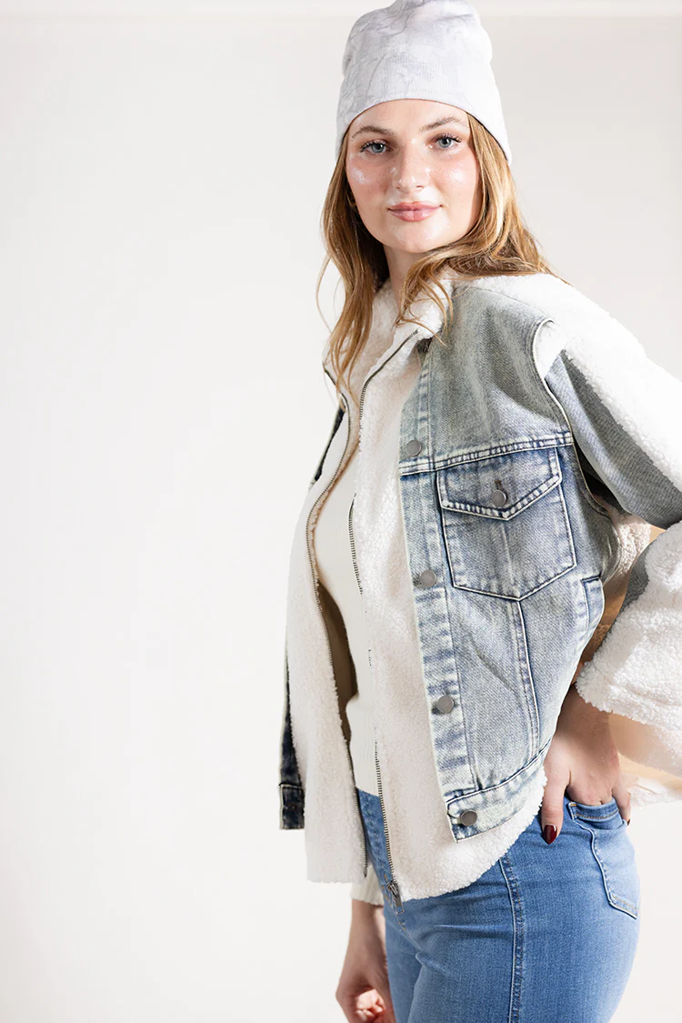 Denim Mixed Media Teddy Jacket - Image 3