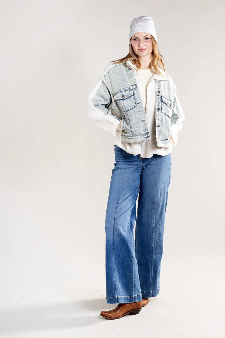 Denim Mixed Media Teddy Jacket - Image 4