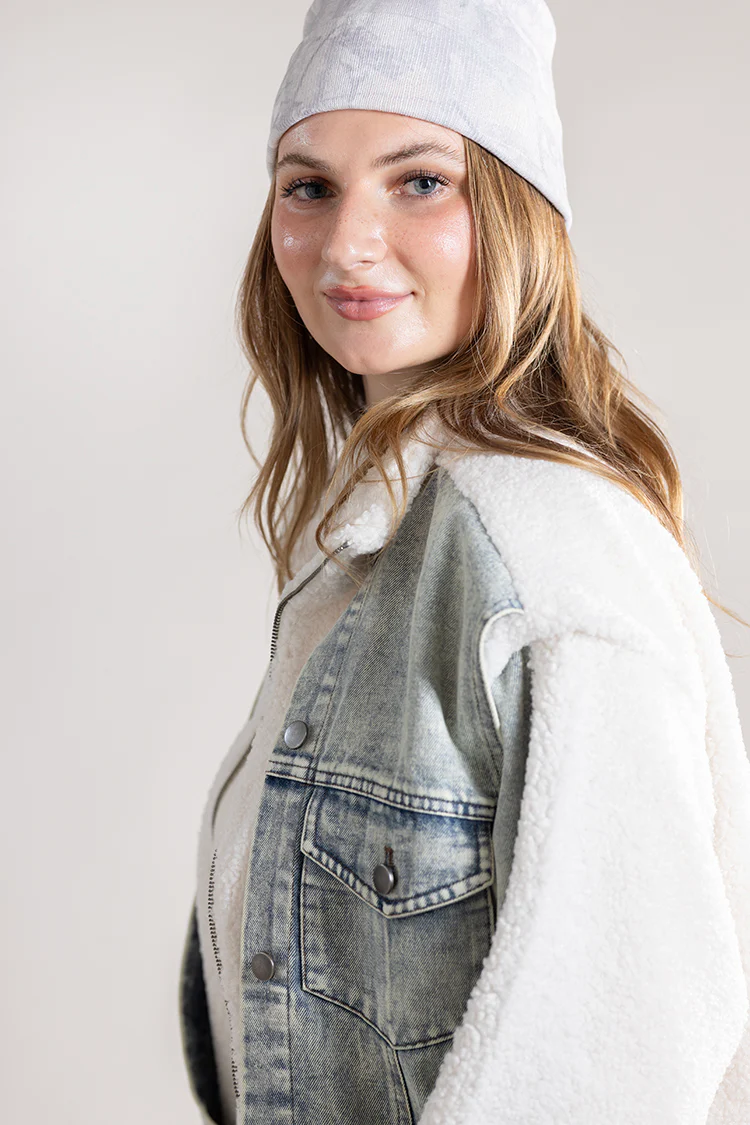Denim Mixed Media Teddy Jacket - Image 7