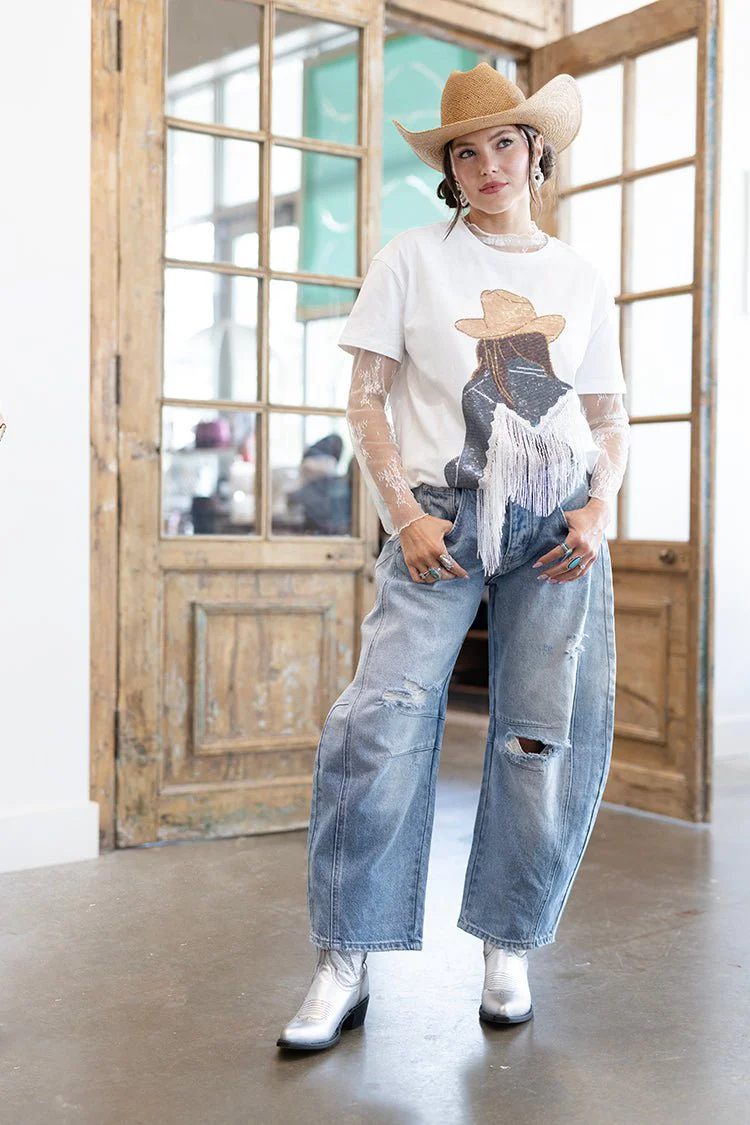 Distressed Light Wash Barrel Jeans - Image 3