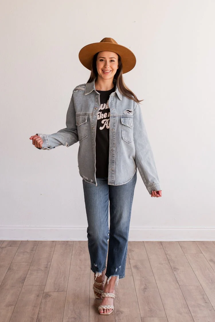 Distressed Light Wash Denim Jacket - Image 3