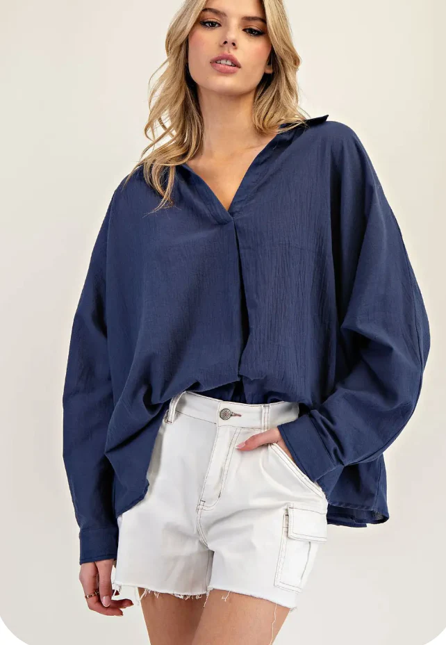 Dolman Sleeve Collared Blouse - Navy