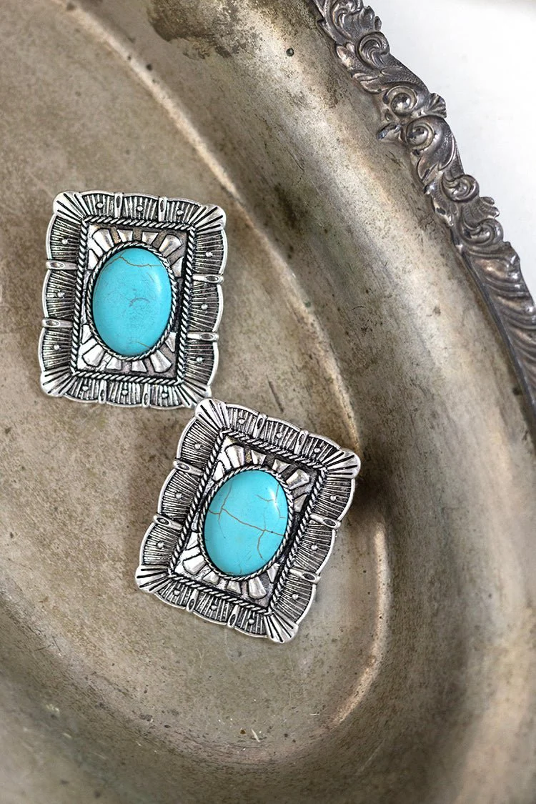 Exaggerated Rectangle Turquoise Earrings - Image 2