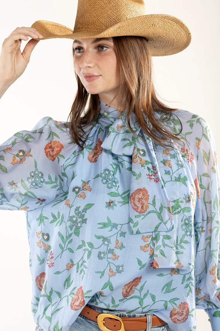 Floral Long Sleeve Blouse with Neck Tie