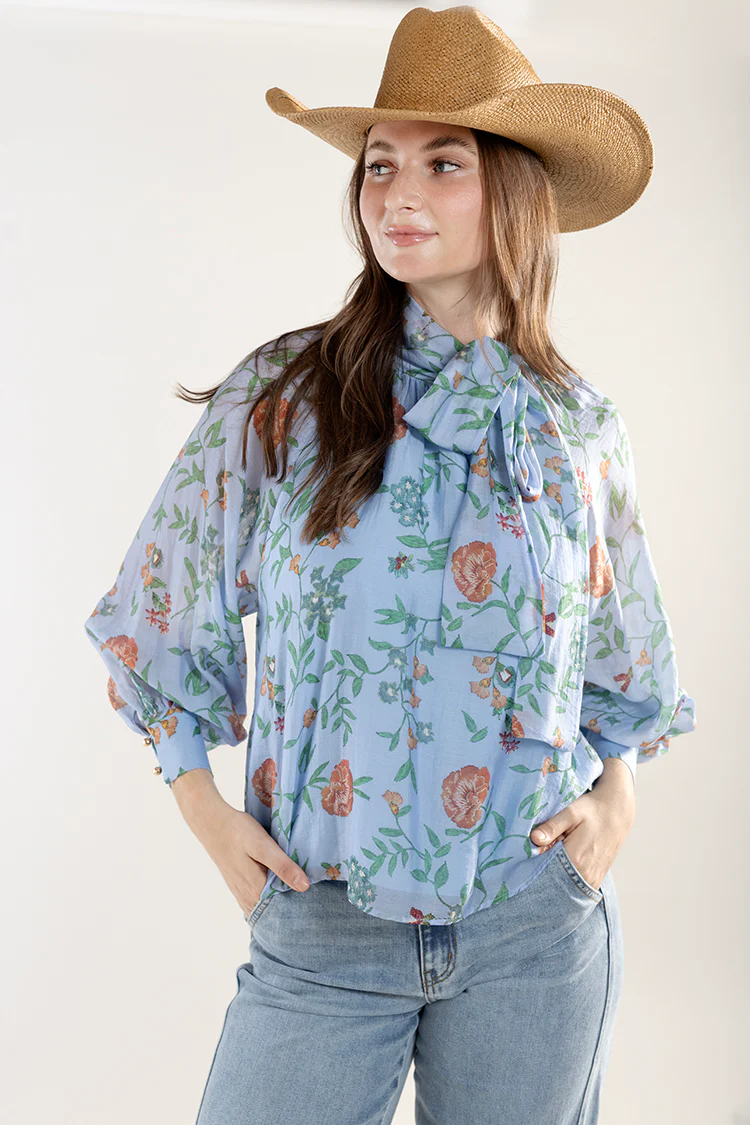 Floral Long Sleeve Blouse with Neck Tie - Image 6