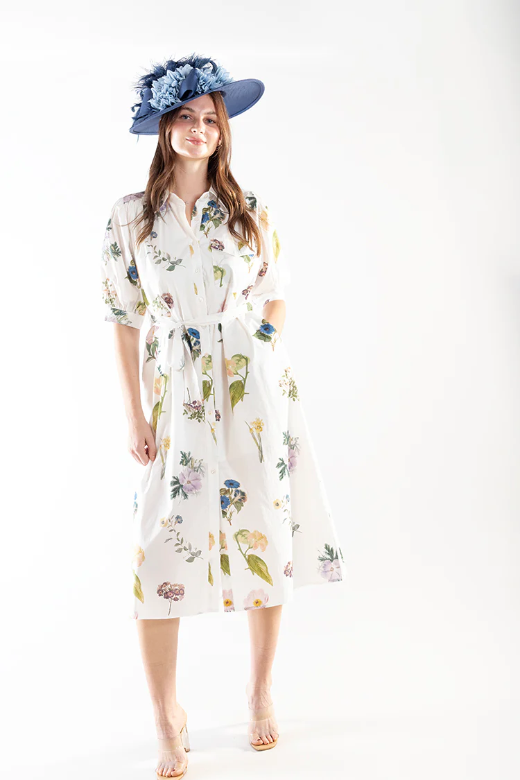 Floral Print Midi Shirt Dress with Belt - White - Image 3