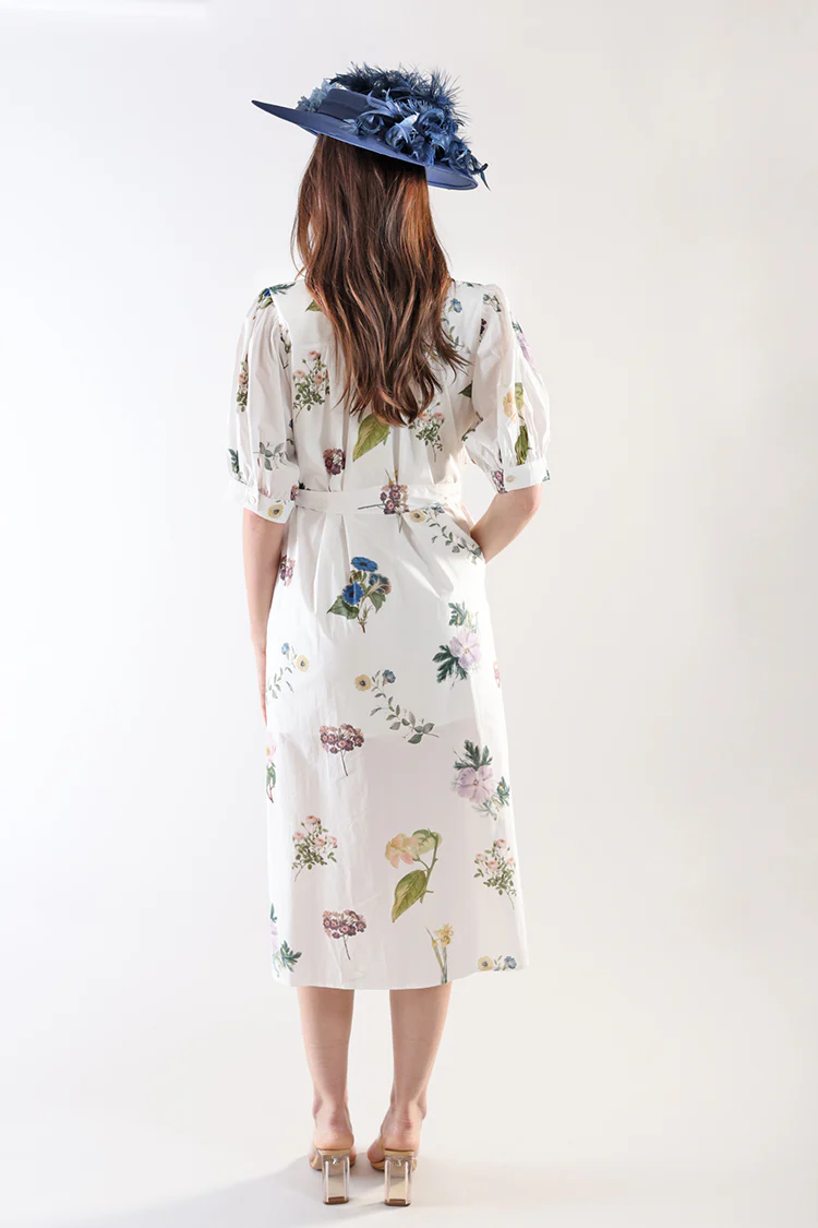Floral Print Midi Shirt Dress with Belt - White - Image 4