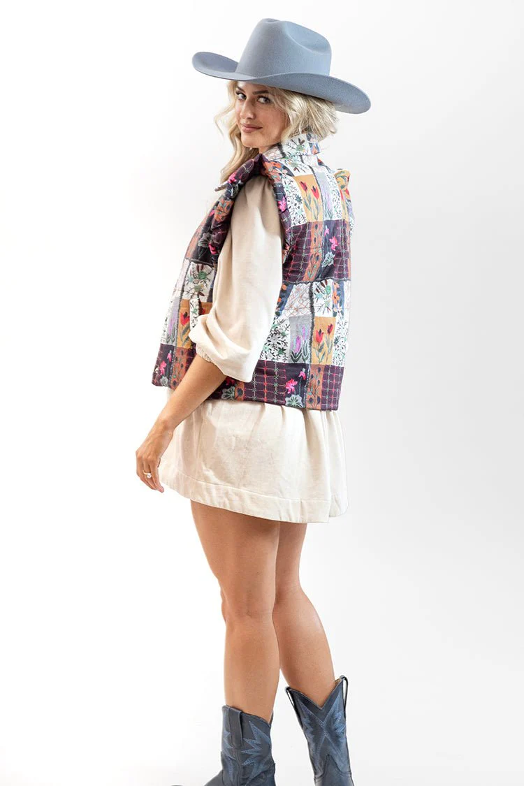 Floral Puffer Vest with Ruffle Shoulders - Image 3