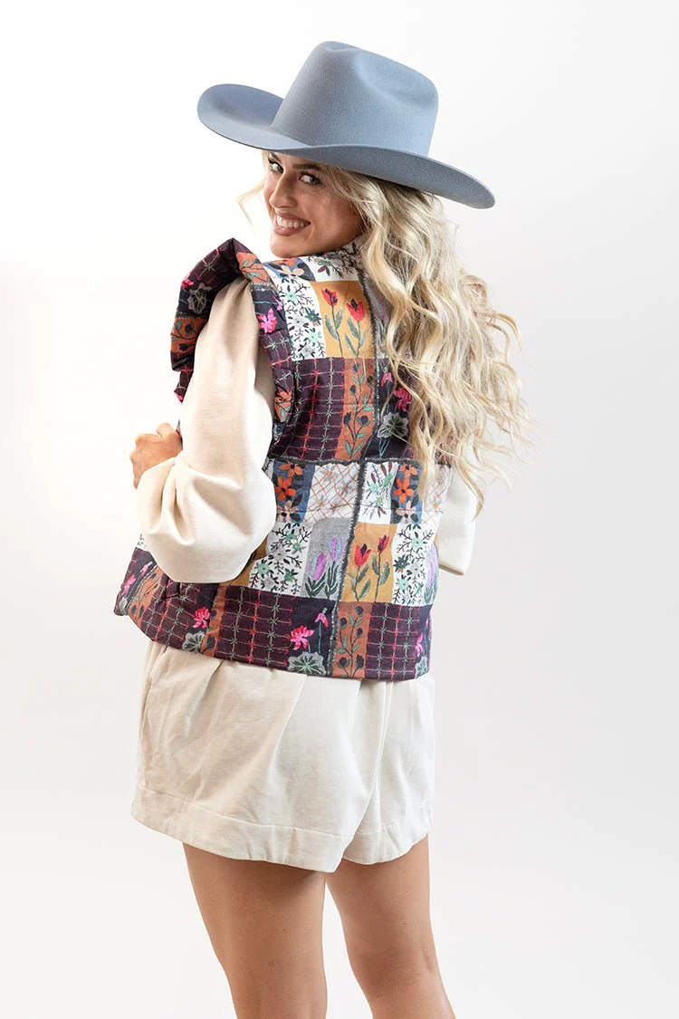 Floral Puffer Vest with Ruffle Shoulders - Image 5
