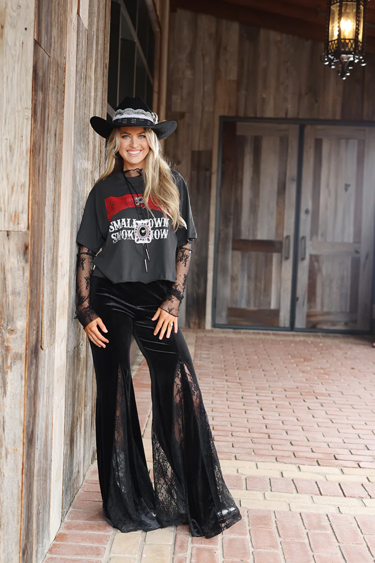 Lace Detail Bell Bottom Pants - Black Velvet - Image 8