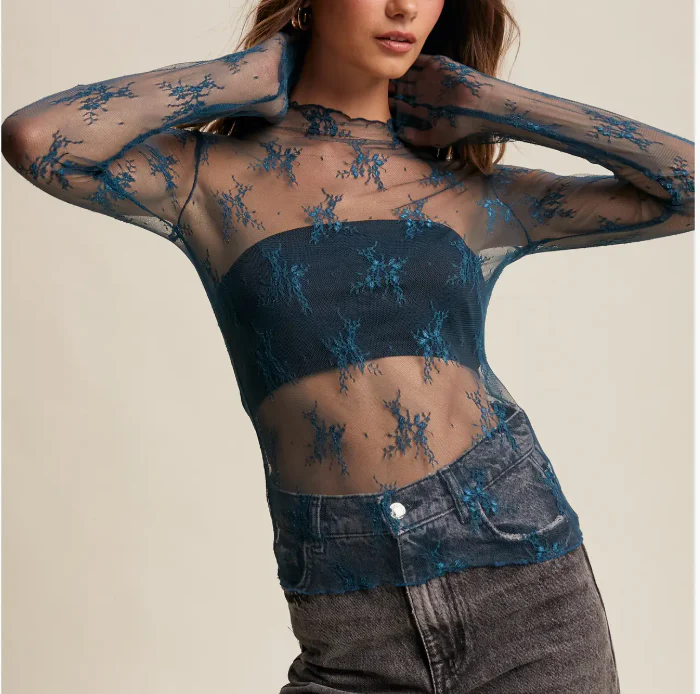 Lace Mock Neck Long-Sleeve Top - Image 9