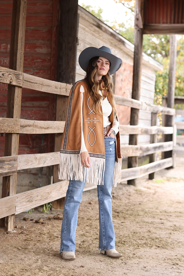 Light Brown Embroidered Fringe Cape