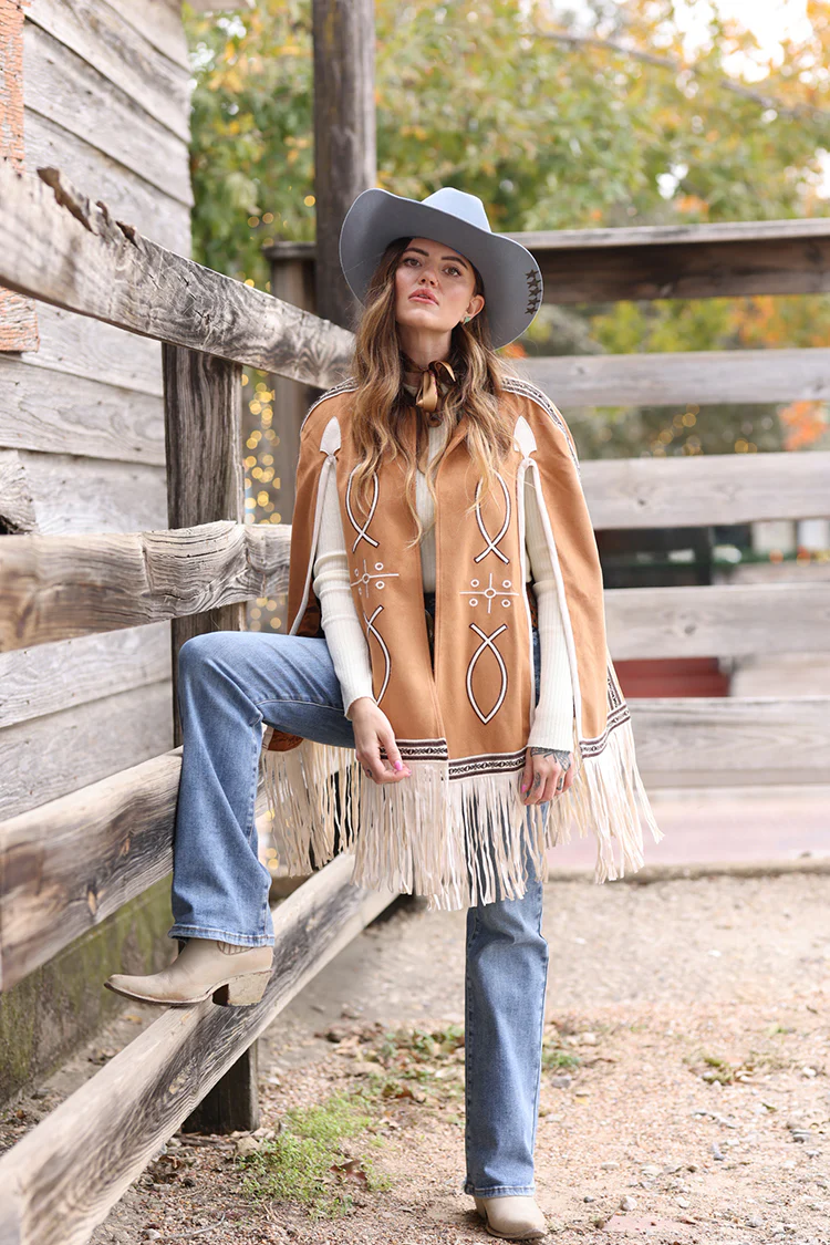 Light Brown Embroidered Fringe Cape - Image 10
