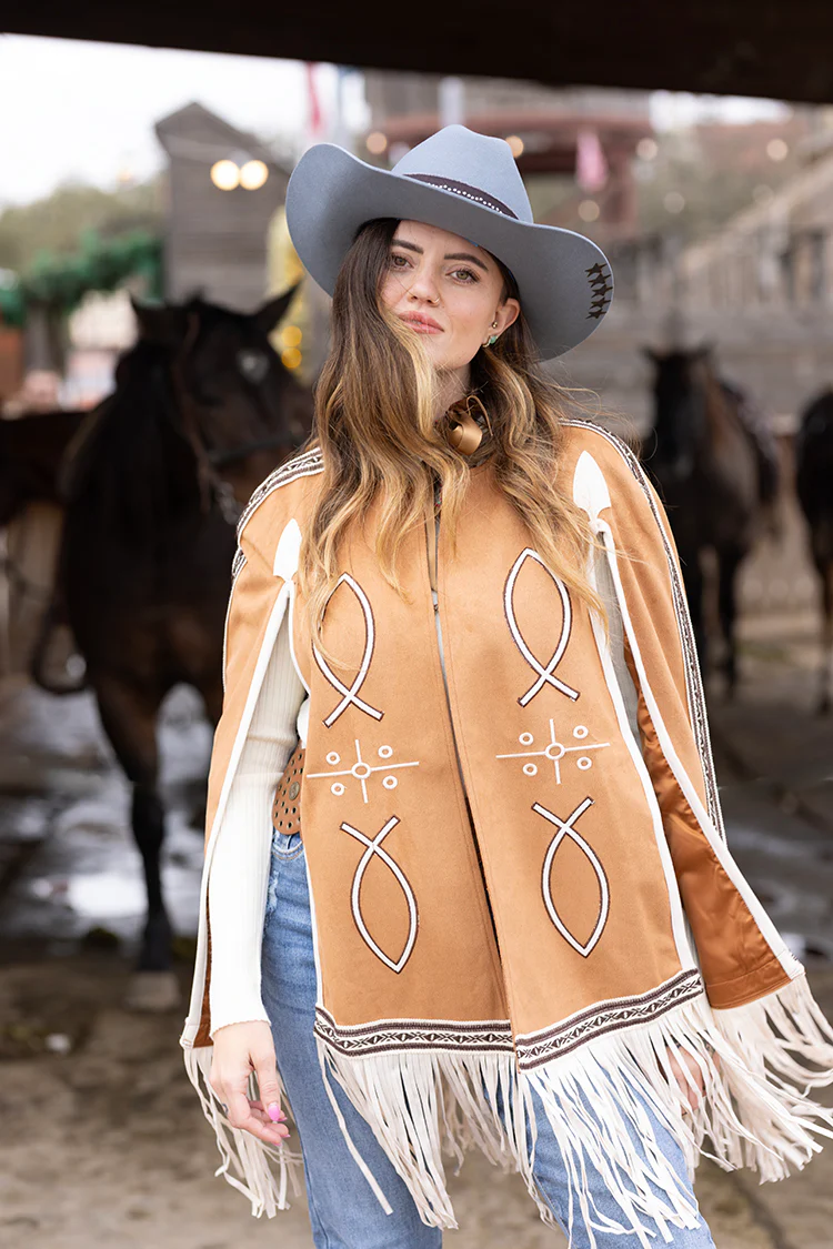 Light Brown Embroidered Fringe Cape - Image 11
