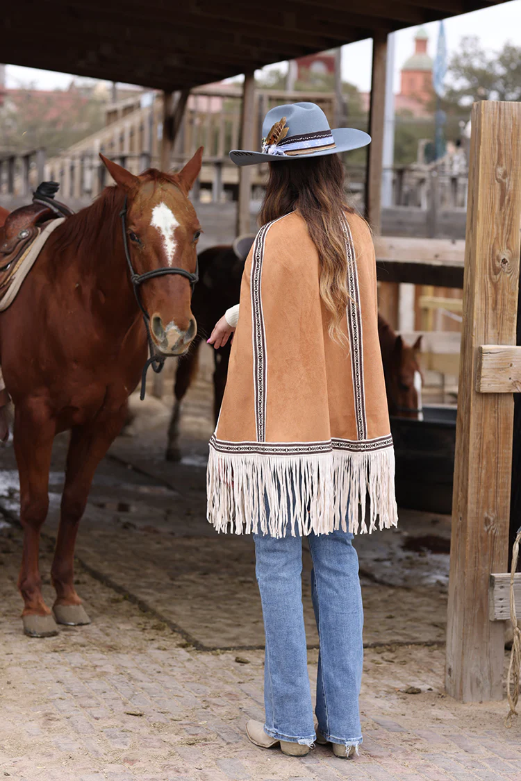 Light Brown Embroidered Fringe Cape - Image 12