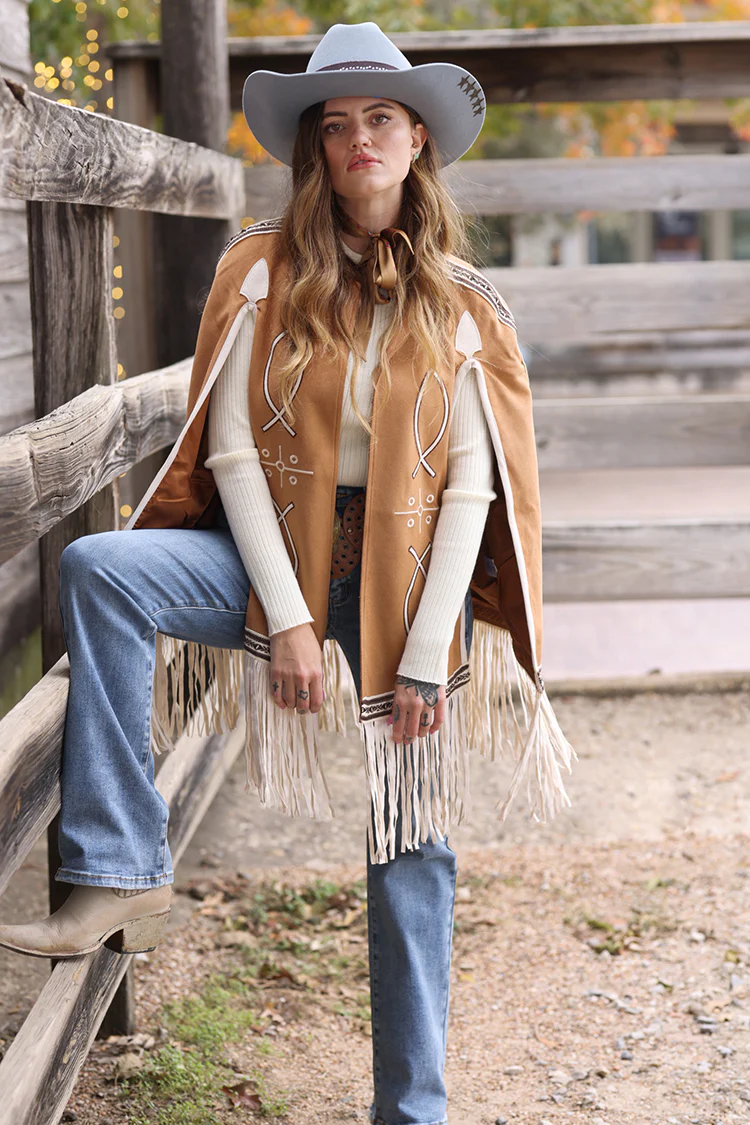 Light Brown Embroidered Fringe Cape - Image 2