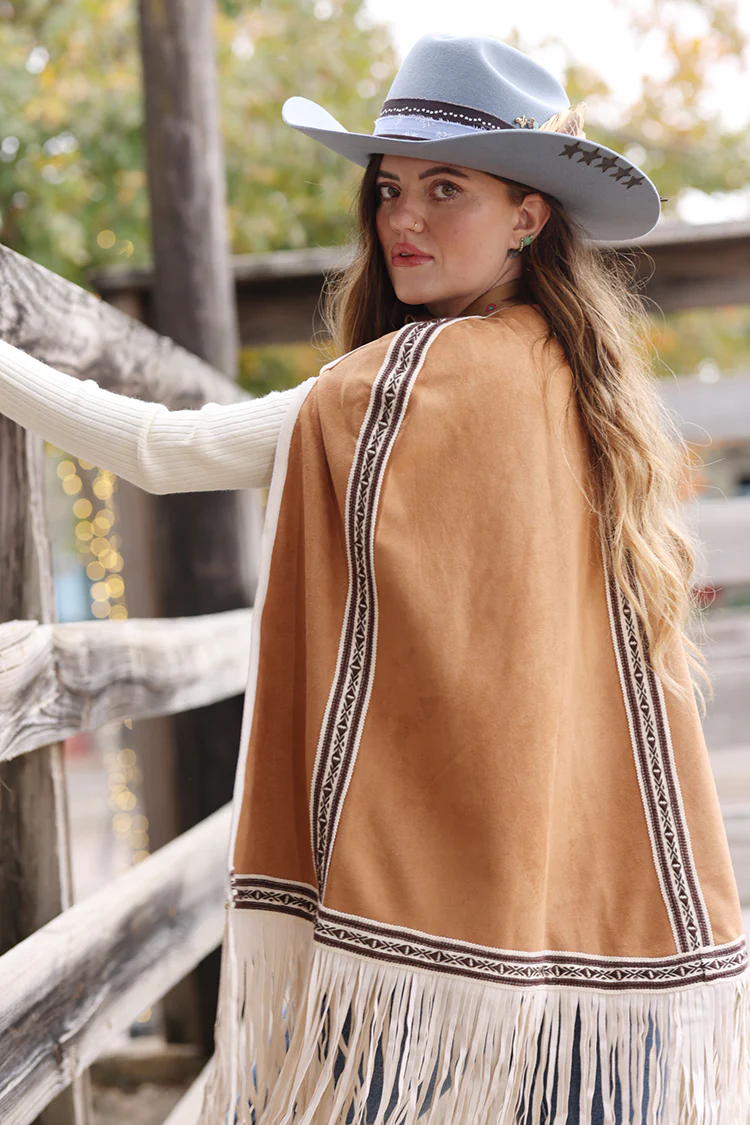 Light Brown Embroidered Fringe Cape - Image 3