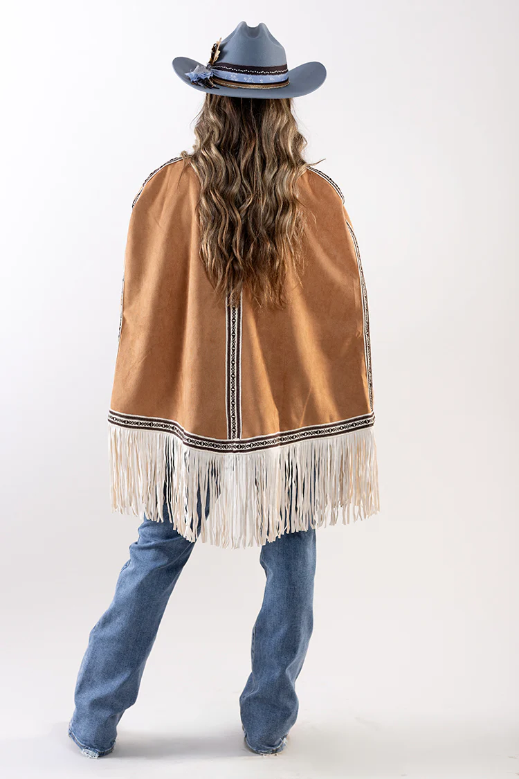 Light Brown Embroidered Fringe Cape - Image 4