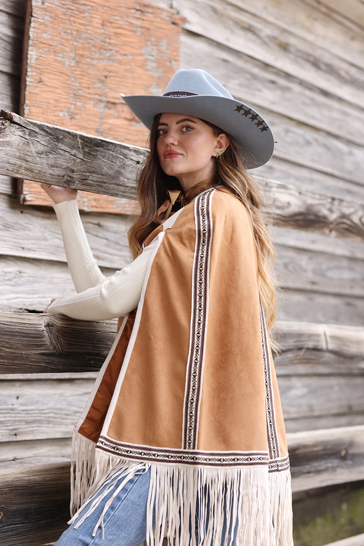 Light Brown Embroidered Fringe Cape - Image 6