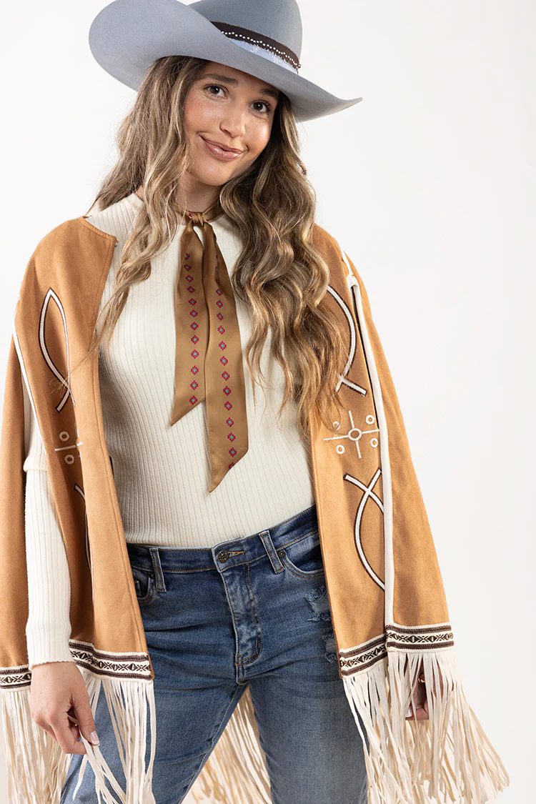 Light Brown Embroidered Fringe Cape - Image 7