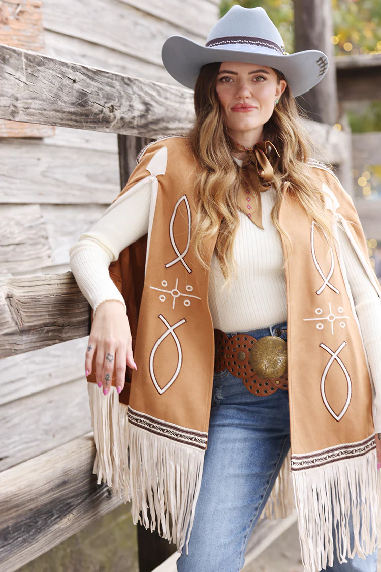 Light Brown Embroidered Fringe Cape - Image 8