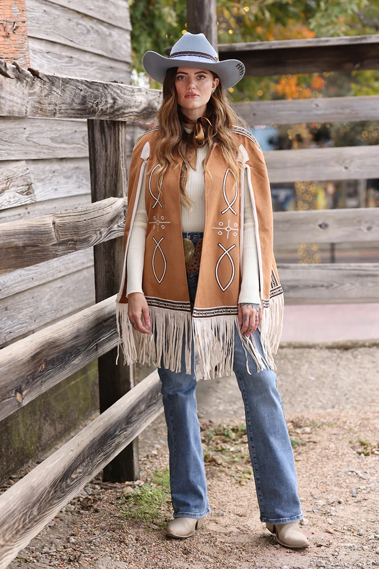 Light Brown Embroidered Fringe Cape - Image 9