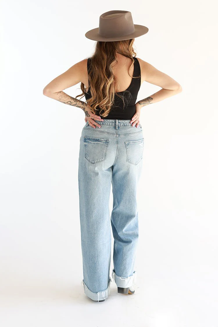 Light Wash Cuffed Wide Leg Jeans - Image 3
