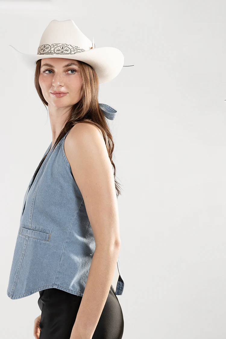 Light Wash Denim Tie Halter Top - Image 5
