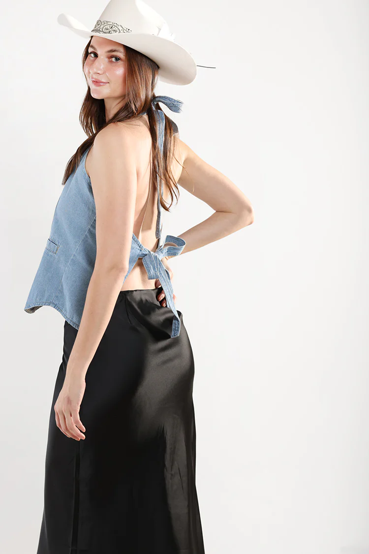 Light Wash Denim Tie Halter Top - Image 6