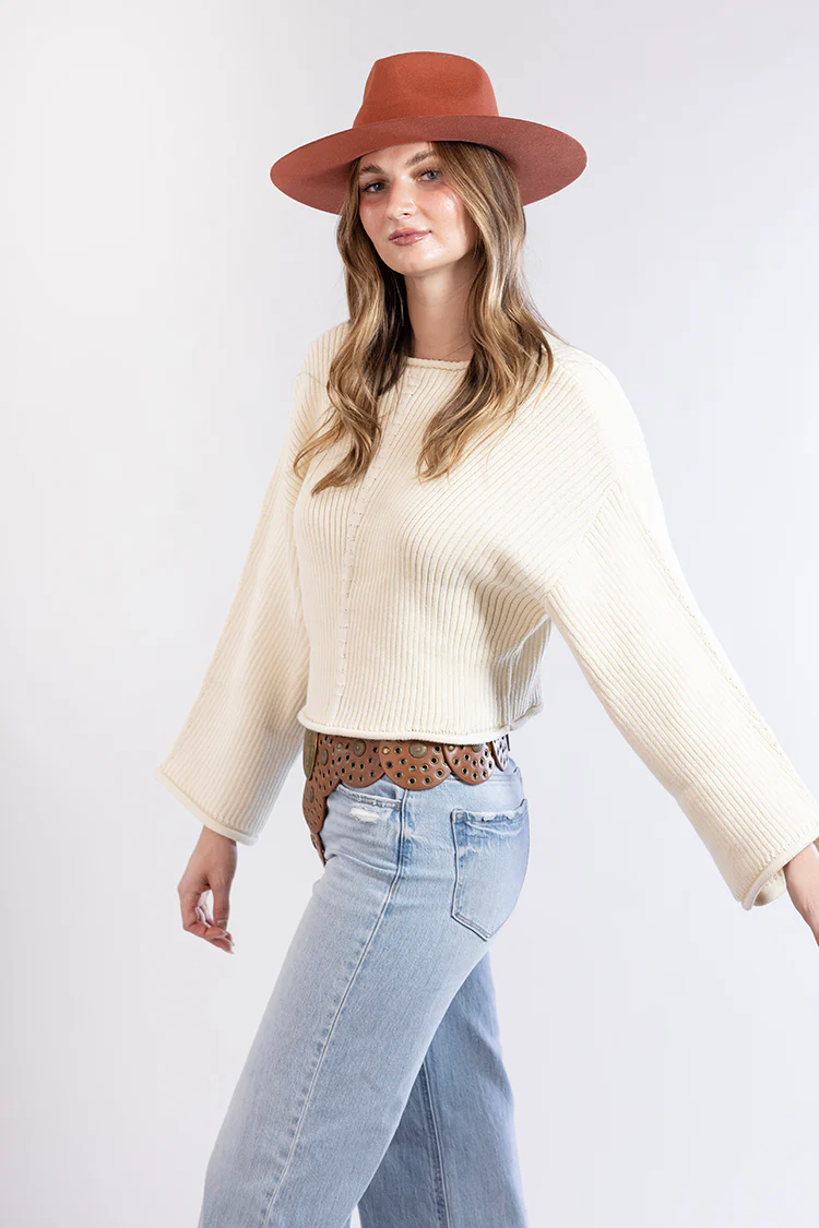 Long-Sleeve Ribbed Sweater with Rolled Hem - Cream - Image 3