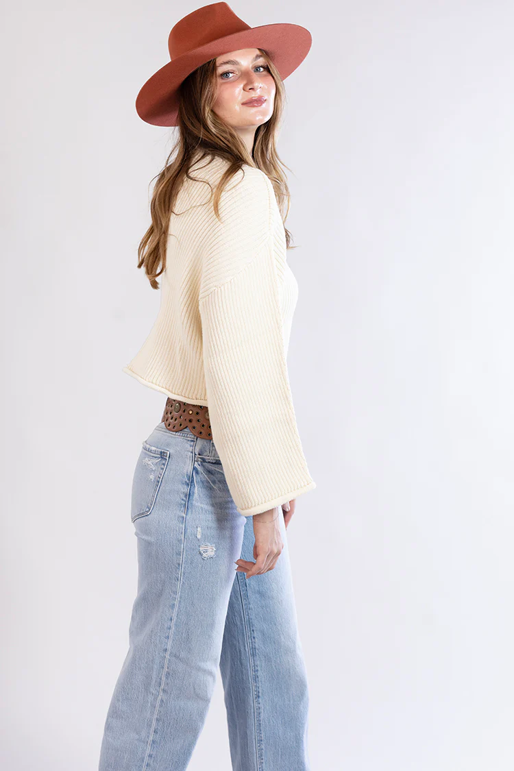 Long-Sleeve Ribbed Sweater with Rolled Hem - Cream - Image 5