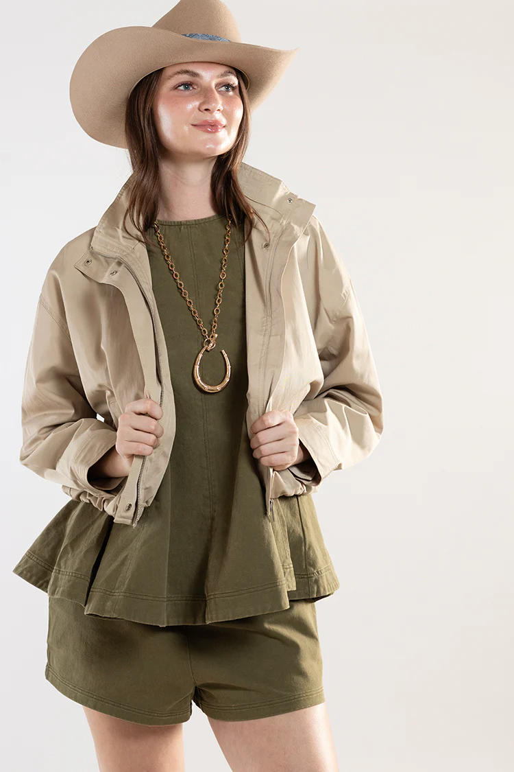 Pleated Crop Jacket - Khaki - Image 3