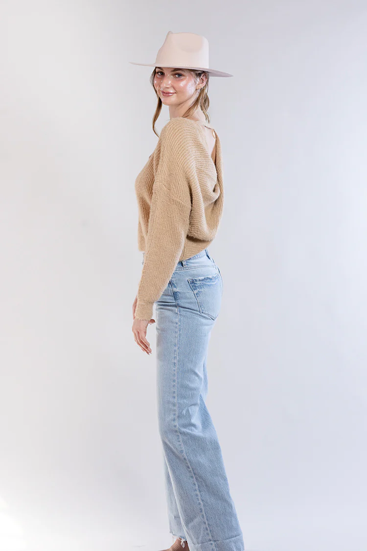 Oversized Fuzzy Sweater With Back Twist Detail - Tan - Image 3