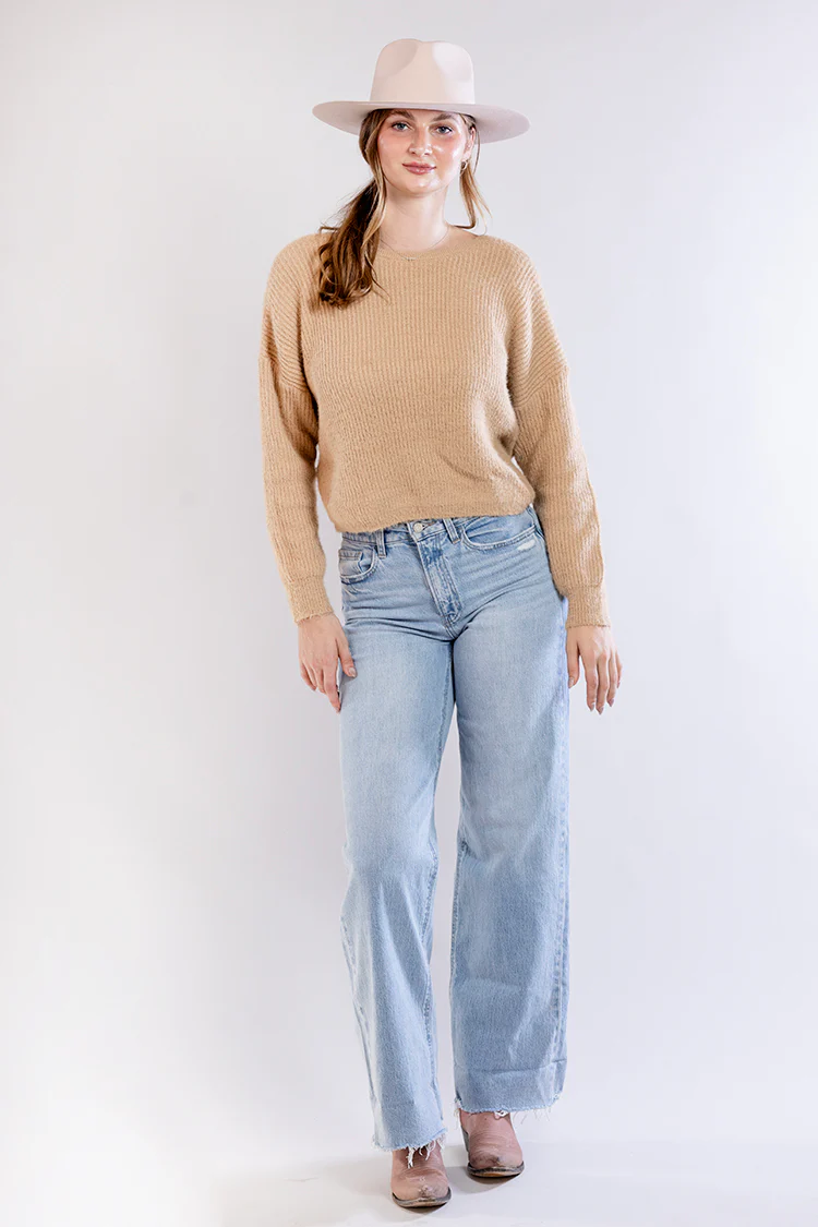 Oversized Fuzzy Sweater With Back Twist Detail - Tan - Image 4