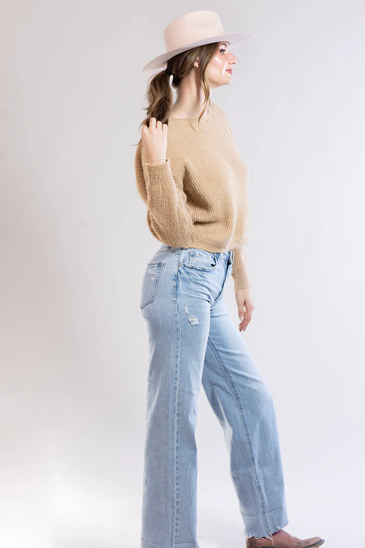 Oversized Fuzzy Sweater With Back Twist Detail - Tan - Image 5