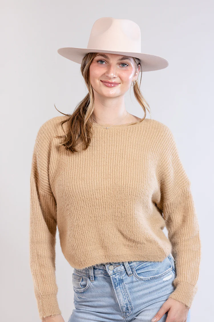 Oversized Fuzzy Sweater With Back Twist Detail - Tan - Image 6